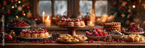 Christmas table delicious desserts festively,
Frame of a Mouthwatering Christmas Dessert Table Overflowing Chirstmas Decorations Concept Ideas
