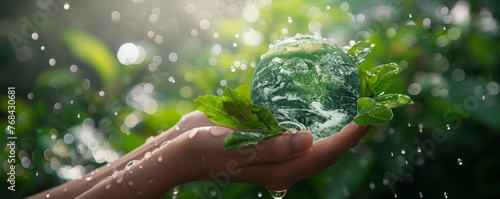 Isolated hand holding a globe with greenery and water, signifying individual contribution to planet conservation Personal.