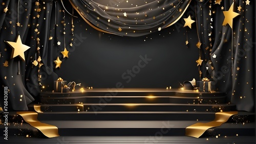 Graduation class background award party banner with space for writing, black curtain and cascading gold stars on an empty stage, podium or platform for product presentation photo