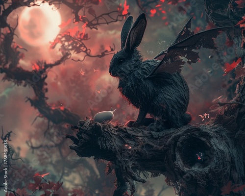 A surreal, fantasyinspired digital painting showing a vampire bunny with batlike ears and wings, perched atop a gnarled, ancient tree, overseeing a mystical midnight Easter egg hunt in a realm where n photo
