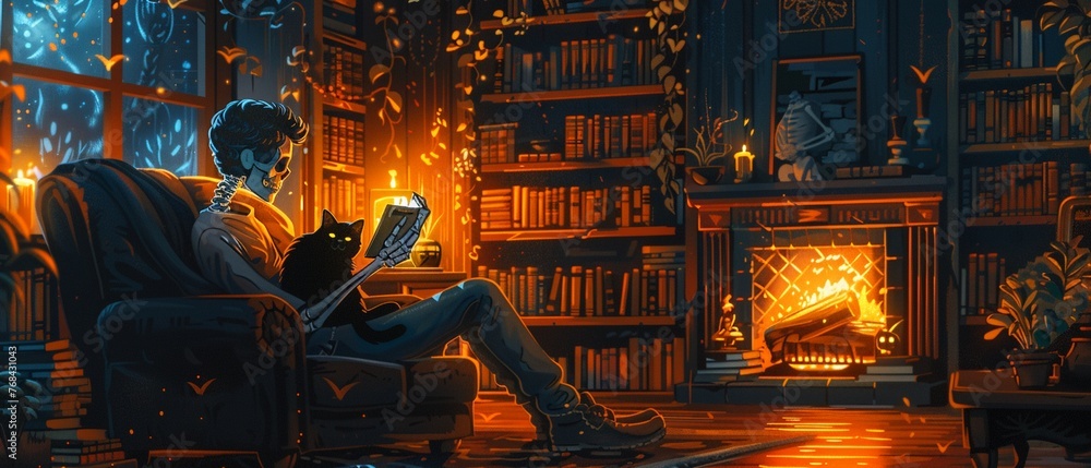 A cozy illustration of a skeleton sitting in a warmly lit study, reading a book with a black cat curled up in its lap, the room filled with bookshelves, a crackling fireplace, and ancient artifacts, c