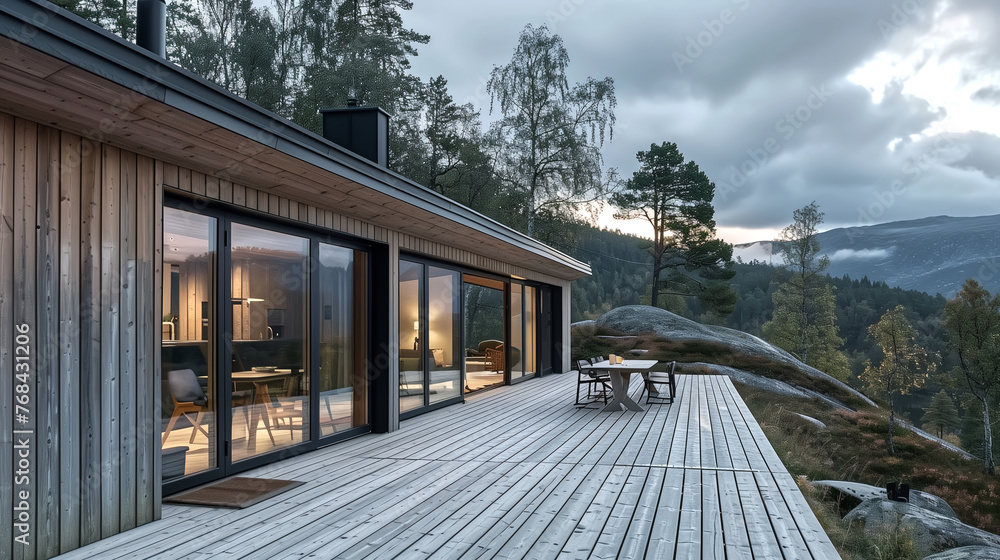 Scandinavian simplicity exterior, a timber-clad cabin with large