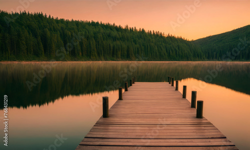 A bridge-pier on the shore of a large calm lake against the backdrop of sunset.