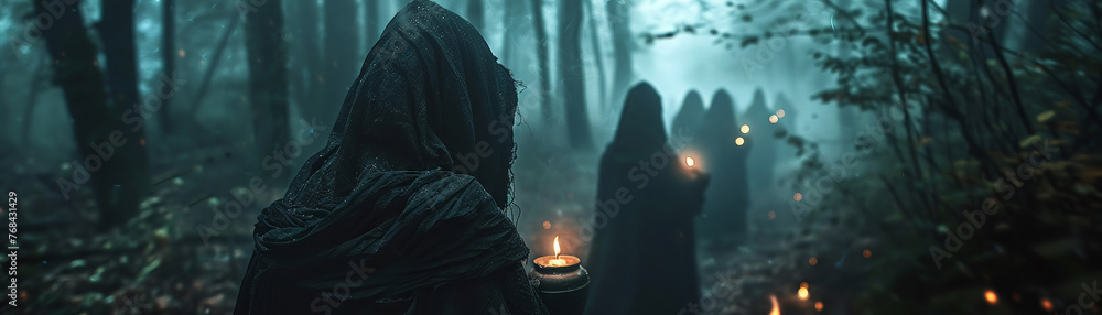 Closeup of witches in a dark forest, brewing enchanted potions, mysterious and mystical - obrazy, fototapety, plakaty 
