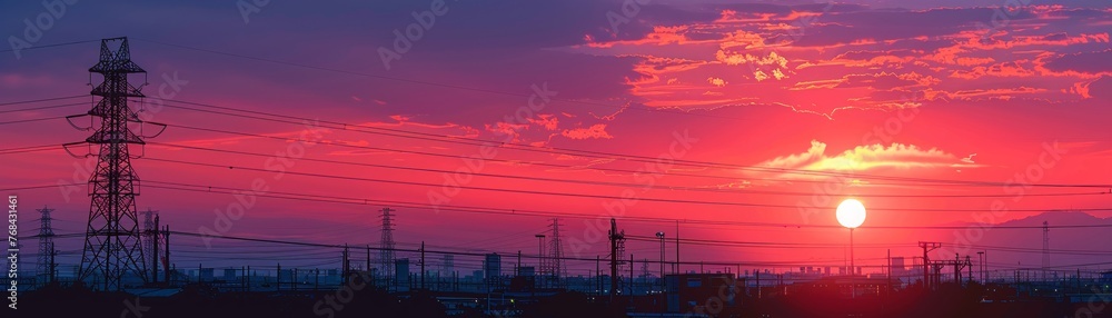 Electric tower silhouette on sunset time, a striking industrial contrast