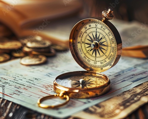 Financial journey symbolized by compass on vintage desk with financial papers