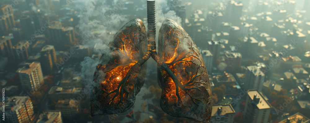 A close-up on unhealthy lungs against a polluted city backdrop, a powerful message on the effects of PM 2.5 Stark, real, impactful. - obrazy, fototapety, plakaty 