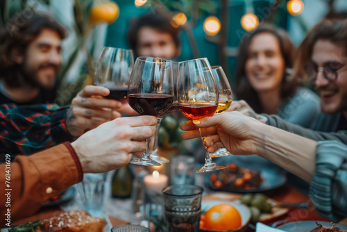 Merry first dinner party  group of friends toasting at bar table  wine glasses up  joyful