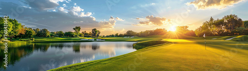 Peaceful golf course at sunset, ball close to water hazard, serene game moment photo