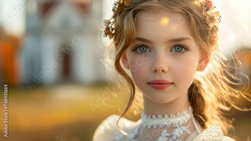 Portrait of girl in first communion dress  church in background  pure and angelic