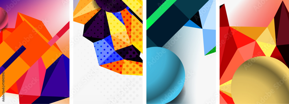 Set of geometric abstract composition with spheres and triangles. Vector illustration For Wallpaper, Banner, Background, Card, Book Illustration, landing page Set of geometric abstract composition with spheres and triangles. Vector illustration For Wallpaper, Banner, Background, Card, Book Illustration, landing page