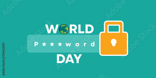 World Password Day. Earth, padlock and more. Great for cards, banners, posters, social media and more. Green background. photo