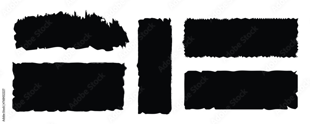 Rough edge rectangle shape collage. Paper torn, jagged edge rectangle frame set. Grunge, old vintage black border collage. Black ripped papers silhouettes with white artboard. Rough edge rectangle shape collage. Paper torn, jagged edge rectangle frame set. Grunge, old vintage black border collage. Black ripped papers silhouettes with white artboard.