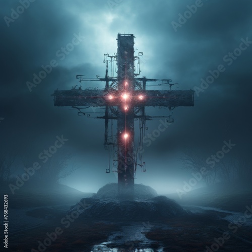  Digital code and fog entangle around a Cross