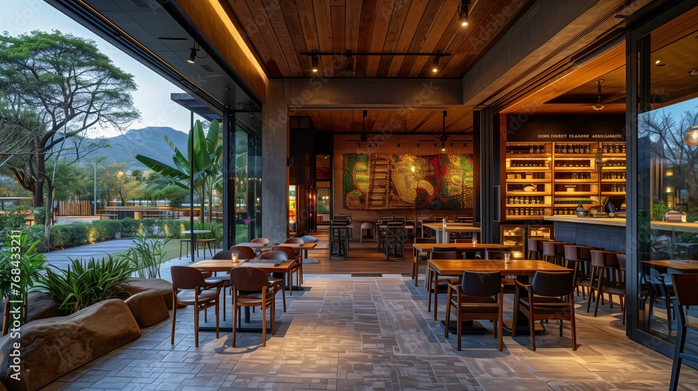 Modern Restaurant Interior with Mountain View at Twilight
