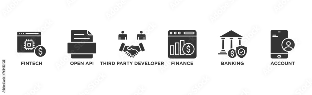 Open banking banner web icon vector illustration concept for financial technology with an icon of the fintech, coding, open API, finance, banking, third party developer, and account Open banking banner web icon vector illustration concept for financial technology with an icon of the fintech, coding, open API, finance, banking, third party developer, and account