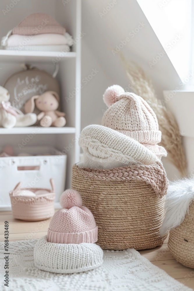 Beanies and berets in woven baskets, kid s room, soft focus, pastel palette, eyelevel, tidy storage, gentle light , ultra HD Beanies and berets in woven baskets, kid s room, soft focus, pastel palette, eyelevel, tidy storage, gentle light , ultra HD