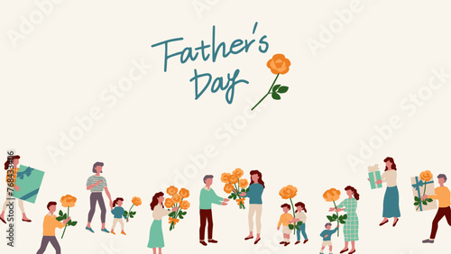                                                                                               Header vector illustration of people presenting a bouquet of flowers on Father s Day.