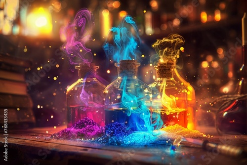 Sparkling magical potions, vibrant colors, witchcraft in action, closeup, glowing ambiance , digital photography