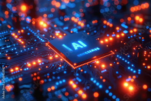 Futuristic AI chip on a circuit board - A representation of an AI chip on a circuit board highlighting data processing and technology