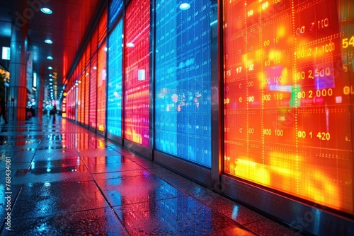 Colorful stock market display during night - Vibrant image capturing the dynamic and illuminated stock market numbers on display screens during nighttime in a city