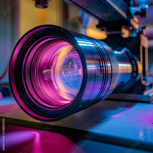 Detailed examination of a zoom lens in a lab highlighting the optical design that allows for dynamic colorful image capture photo