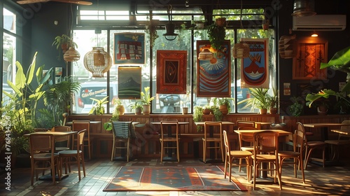 Cozy Café Interior with Natural Light and Plants
