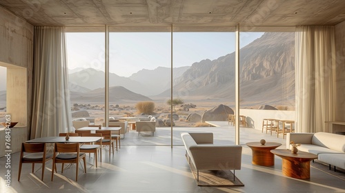 Modern Desert Resort Interior with Panoramic Mountain View
