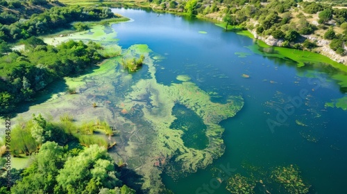 A birds eye view of a lake the normally deep blue waters now a vibrant green with large patches of algae visible from above. © Justlight