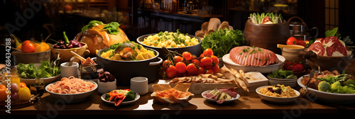 Festive Spread of Iconic European Cuisine and Accompanying Wines