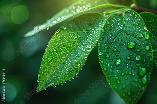 A closeup of green leaves with water droplets, symbolizing the beauty and tranquility found in nature's landscapes. Created with Ai