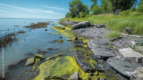 Along the shoreline patches of brilliant green scum cling to rocks and twigs indicating the spread of toxic algae blooms.
