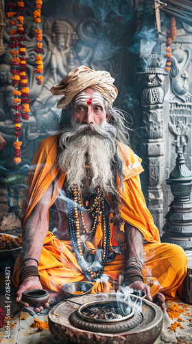 A hindu sage or rishi in traditional clothes, in a traditional temple