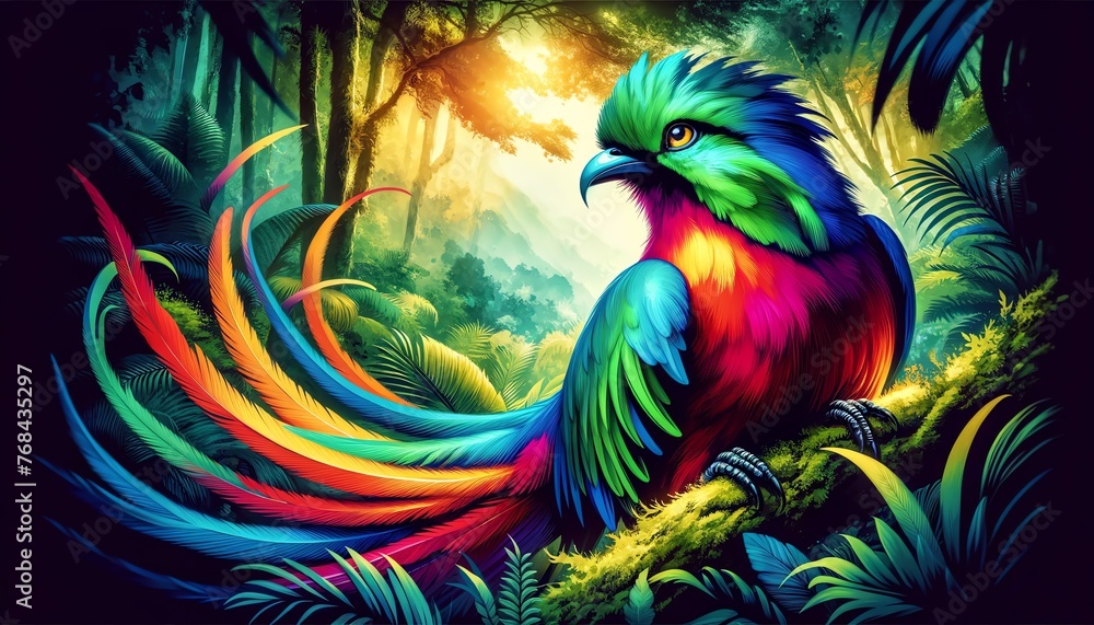 Obraz premium Vibrant Watercolor Painting of The Resplendent Quetzal Bird
