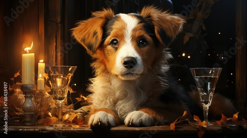 Dog lying next to candle and glass of wine on table, looks bored