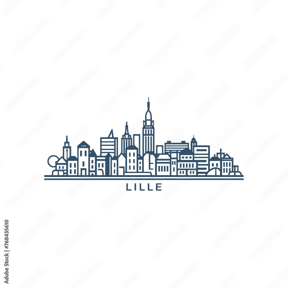 Lille cityscape skyline city panorama vector flat modern logo icon. France, French Flanders town emblem idea with landmarks and building silhouettes. Isolated thin line graphic 