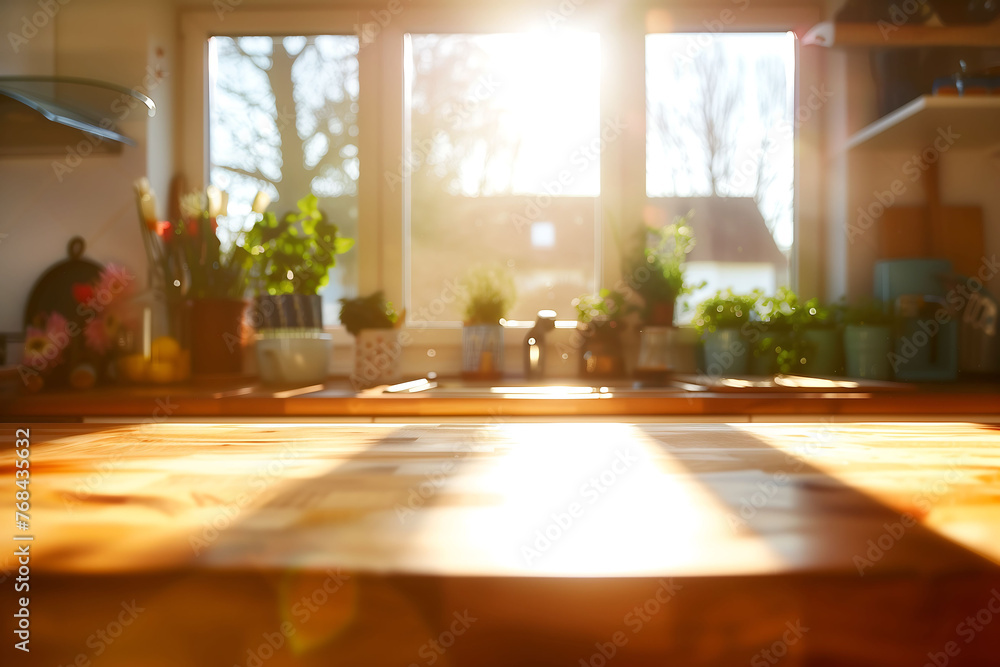 Warm Sunlight on Empty Wooden Table