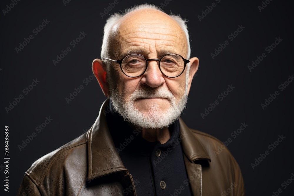 Portrait of a senior man in a leather jacket and glasses. Portrait of a senior man in a leather jacket and glasses.