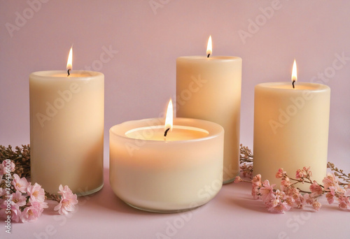 Collection of aroma candles  warm aesthetic composition colorful background