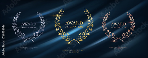 Laurel wreathes for award nominations realistic vector illustration set. Golden silver and bronze prizes 3d models on blue curtain background
