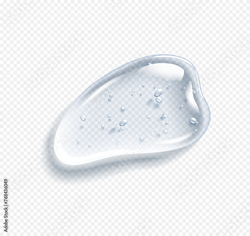 Hyaluronic acid drop with bubbles realistic vector illustration. Cosmetic serum smear. Luxury skincare product 3d object on transparent background