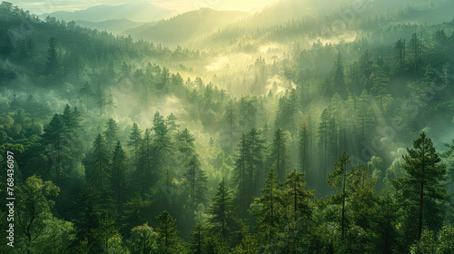 A panoramic view of the dense forest, bathed in soft morning light filtering through misty clouds. Created with Ai © Visual