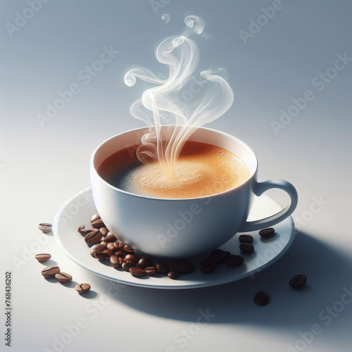 Aísle el café caliente en una taza blanca sobre fondo blanco.