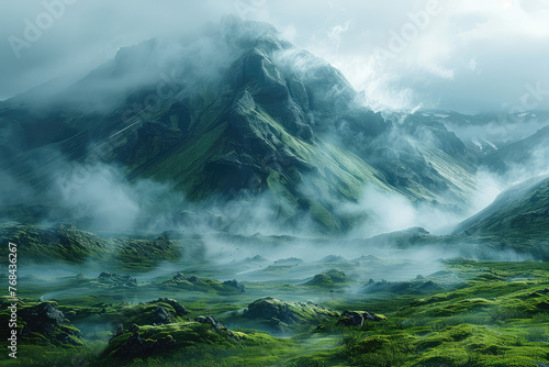 Concept art of misty fantasy green mountain range, fantasy landscape, in the style of high definition. Created with Ai