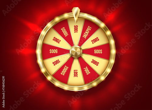 Red fortune wheel at backlight color realistic vector illustration. Gambling game chances. Casino roulette 3d object on rouge background