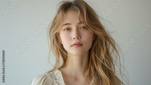 Young woman with freckles looking calm - Close-up of a contemplative young woman with freckles, natural makeup, and tousled hair against a light background
