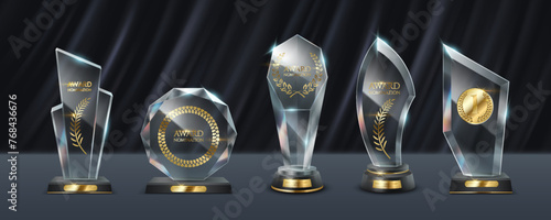 Brilliant crystal trophies with golden engraving realistic vector illustration set. Honour symbol 3d models on black drapery background collection