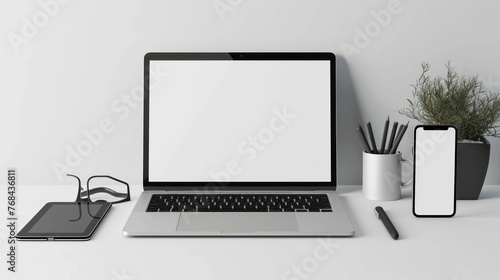 modern blank Computer screen mock up on wooden table with office display background,