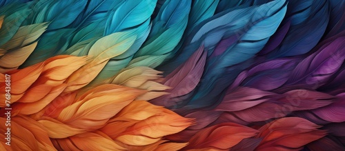 Vibrant assortment of feathers in different colors and sizes neatly arranged on a flat surface photo