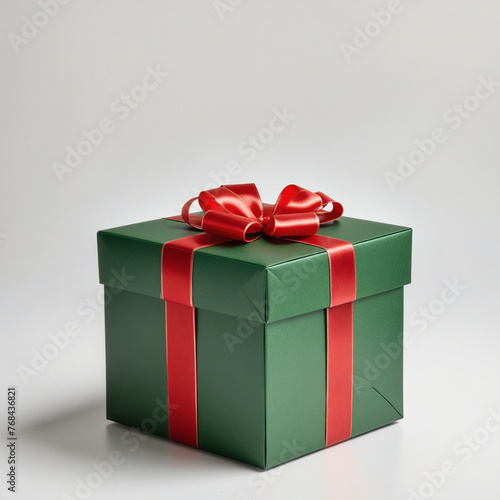 Green gift box with red ribbon colorful background © Fukurou